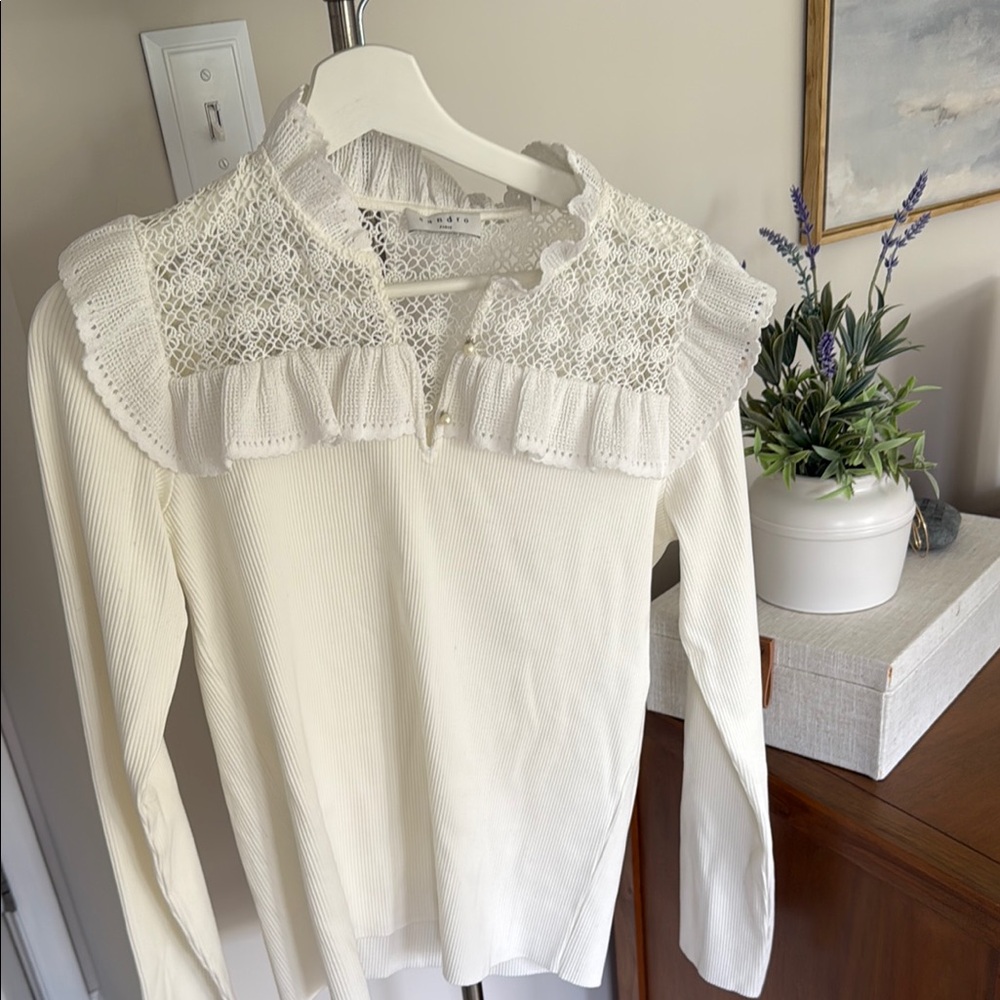 Sandro Designer Elegant White Lace Trim Blouse, Sz 4